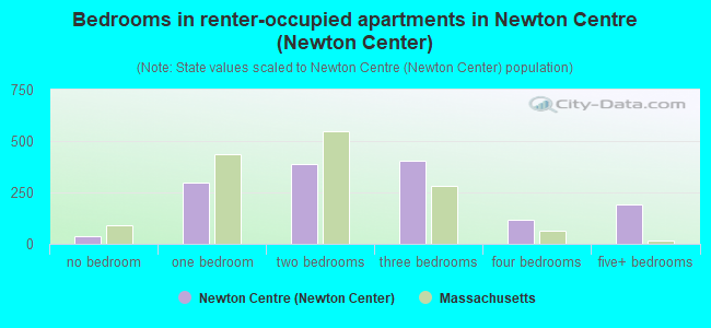 Bedrooms in renter-occupied apartments in Newton Centre (Newton Center)