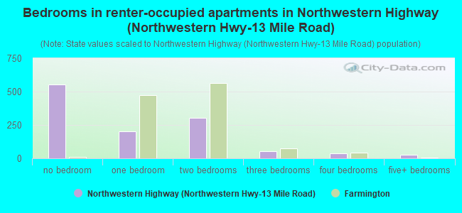 Bedrooms in renter-occupied apartments in Northwestern Highway (Northwestern Hwy-13 Mile Road)