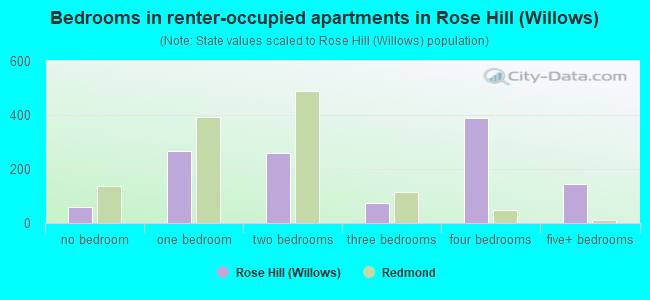 Bedrooms in renter-occupied apartments in Rose Hill (Willows)