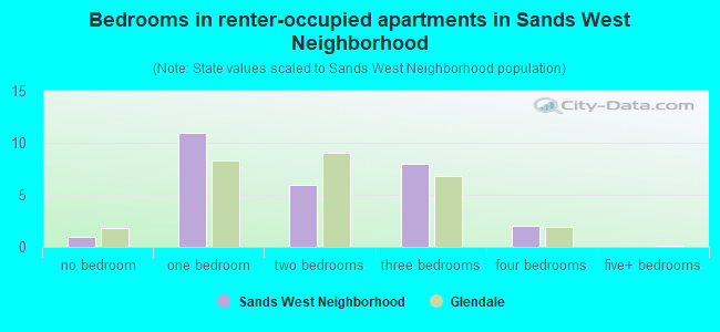 Bedrooms in renter-occupied apartments in Sands West Neighborhood
