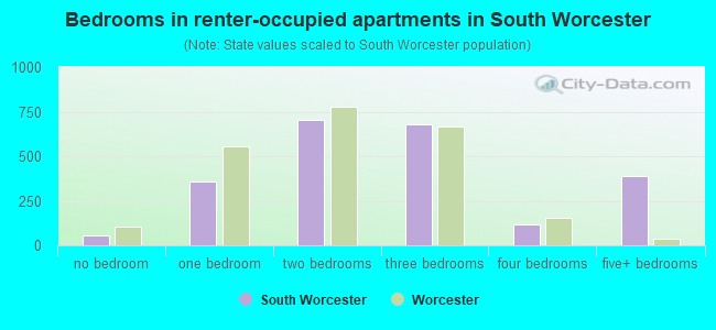 Bedrooms in renter-occupied apartments in South Worcester