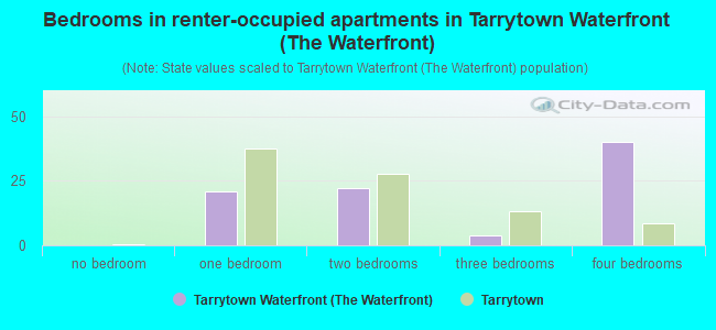 Bedrooms in renter-occupied apartments in Tarrytown Waterfront (The Waterfront)