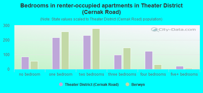 Bedrooms in renter-occupied apartments in Theater District (Cernak Road)