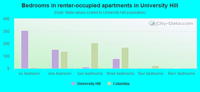 Bedrooms in renter-occupied apartments in University Hill