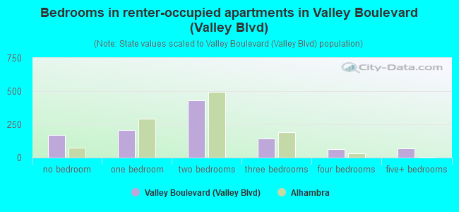 Bedrooms in renter-occupied apartments in Valley Boulevard (Valley Blvd)