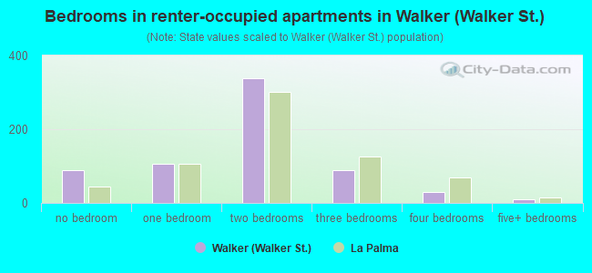 Bedrooms in renter-occupied apartments in Walker (Walker St.)