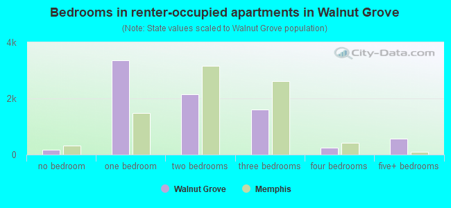 Bedrooms in renter-occupied apartments in Walnut Grove