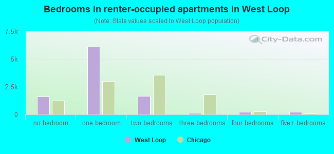 Bedrooms in renter-occupied apartments in West Loop