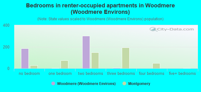 Bedrooms in renter-occupied apartments in Woodmere (Woodmere Environs)