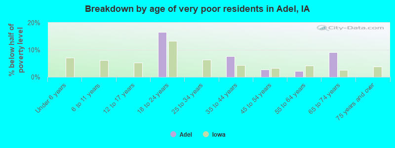 Breakdown by age of very poor residents in Adel, IA
