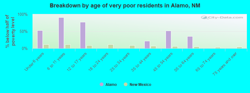Breakdown by age of very poor residents in Alamo, NM