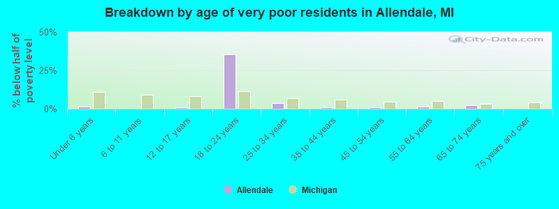 Breakdown by age of very poor residents in Allendale, MI