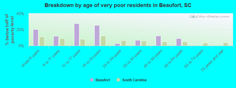 Breakdown by age of very poor residents in Beaufort, SC
