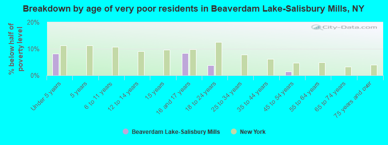 Breakdown by age of very poor residents in Beaverdam Lake-Salisbury Mills, NY