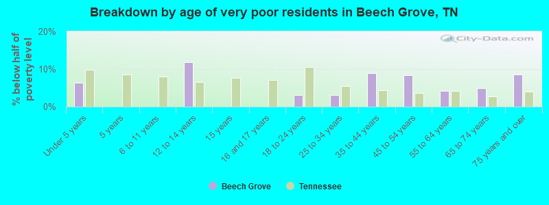 Breakdown by age of very poor residents in Beech Grove, TN