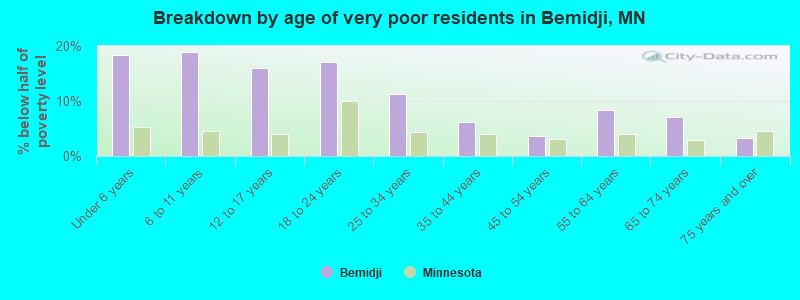 Breakdown by age of very poor residents in Bemidji, MN