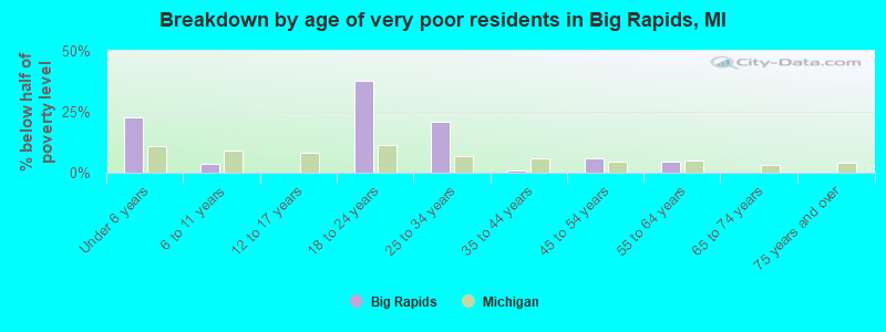 Breakdown by age of very poor residents in Big Rapids, MI