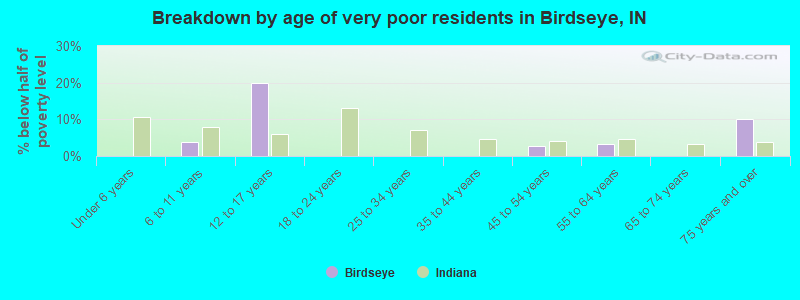 Breakdown by age of very poor residents in Birdseye, IN