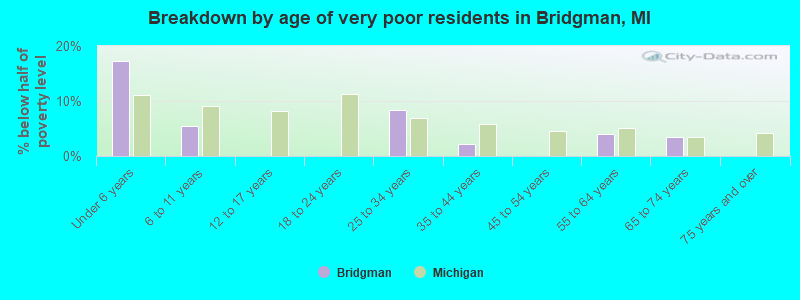 Breakdown by age of very poor residents in Bridgman, MI