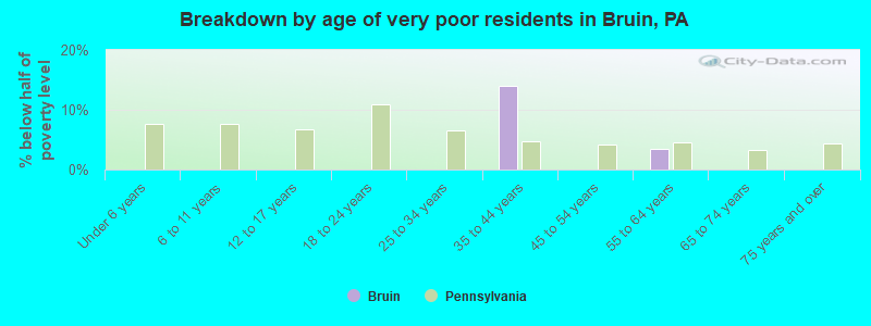 Breakdown by age of very poor residents in Bruin, PA