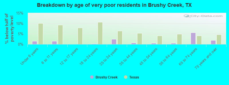 Breakdown by age of very poor residents in Brushy Creek, TX