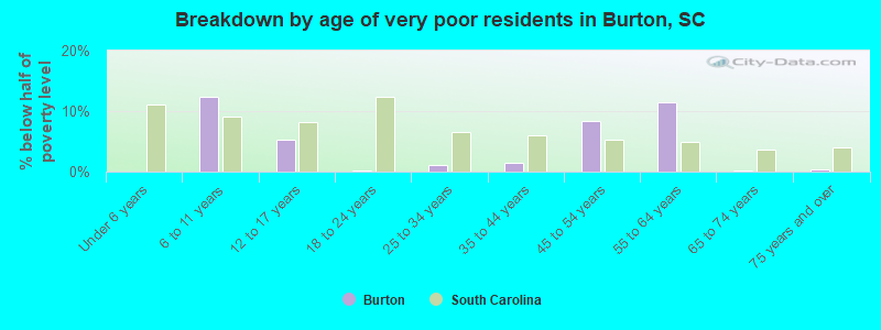 Breakdown by age of very poor residents in Burton, SC