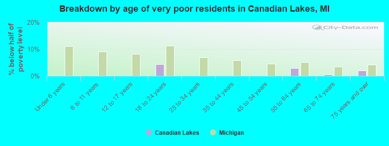 Breakdown by age of very poor residents in Canadian Lakes, MI