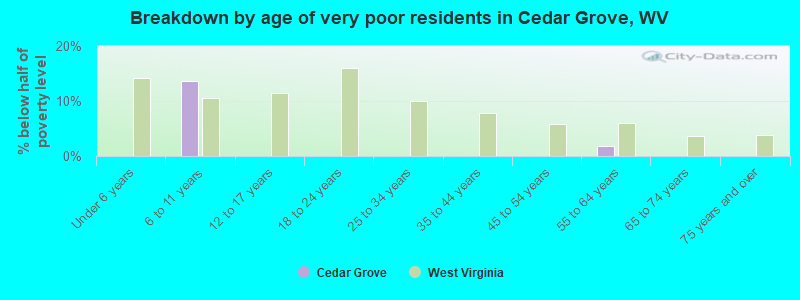 Breakdown by age of very poor residents in Cedar Grove, WV