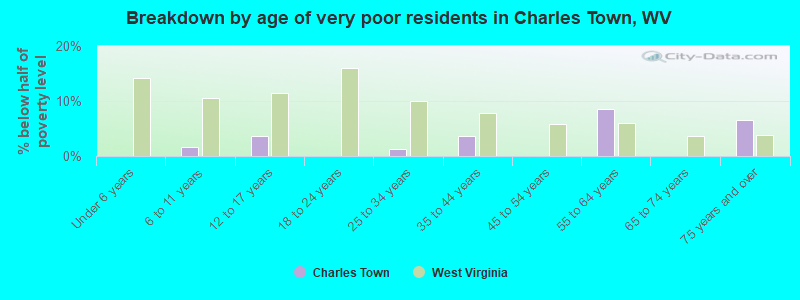 Breakdown by age of very poor residents in Charles Town, WV