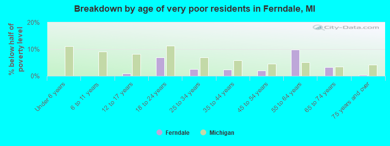 Breakdown by age of very poor residents in Ferndale, MI