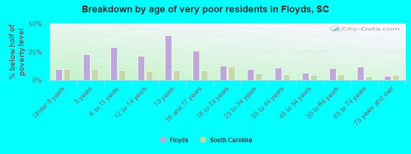 Breakdown by age of very poor residents in Floyds, SC