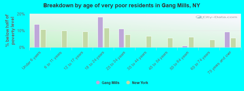 Breakdown by age of very poor residents in Gang Mills, NY