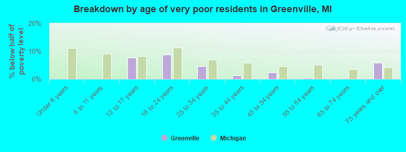 Breakdown by age of very poor residents in Greenville, MI