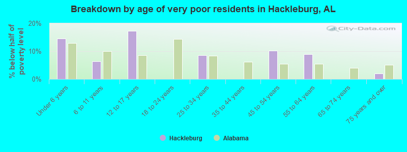 Breakdown by age of very poor residents in Hackleburg, AL