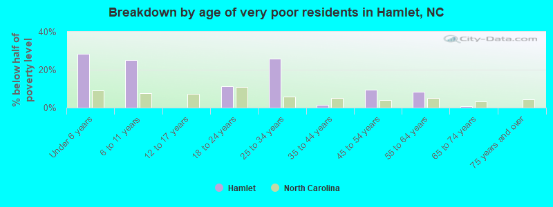 Breakdown by age of very poor residents in Hamlet, NC