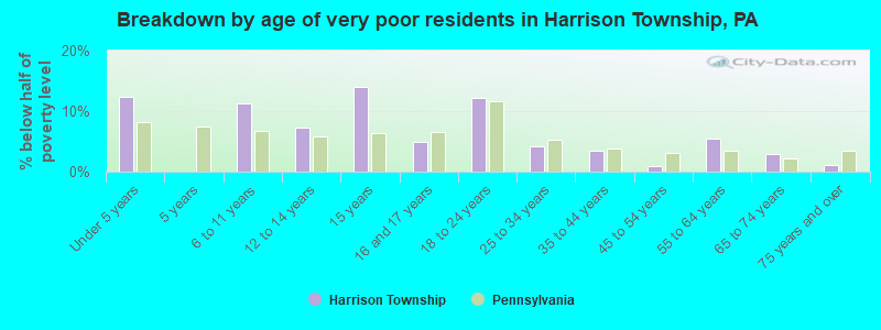 Breakdown by age of very poor residents in Harrison Township, PA