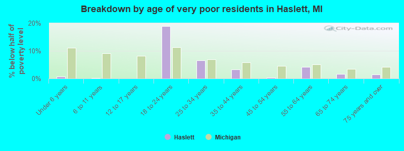 Breakdown by age of very poor residents in Haslett, MI
