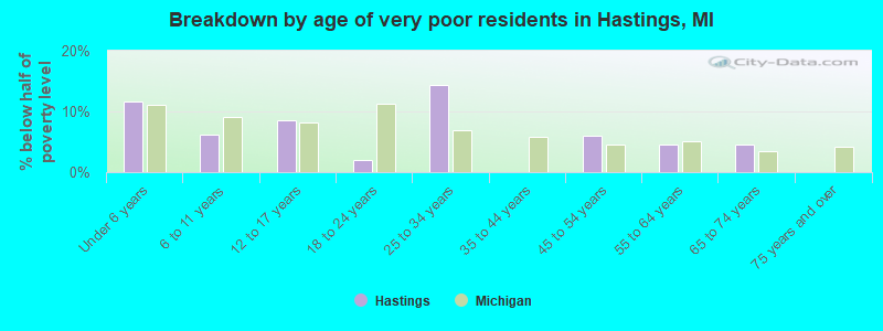 Breakdown by age of very poor residents in Hastings, MI