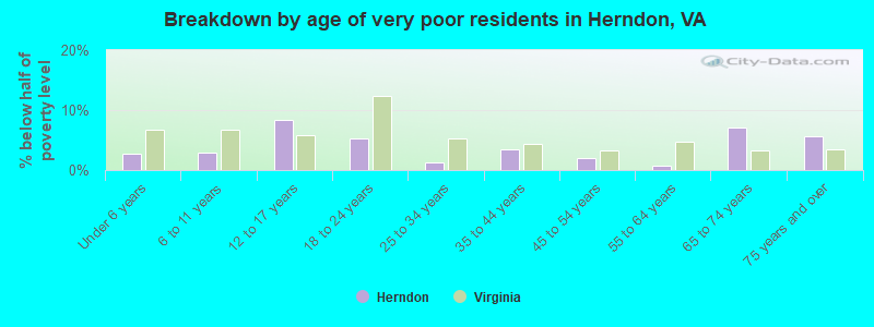 Breakdown by age of very poor residents in Herndon, VA