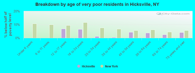 Breakdown by age of very poor residents in Hicksville, NY