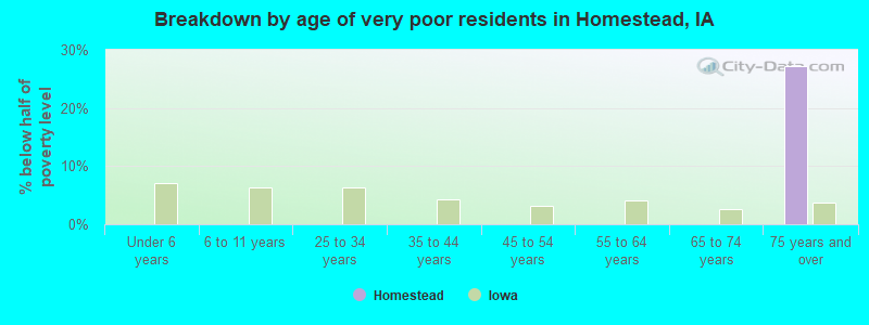 Breakdown by age of very poor residents in Homestead, IA