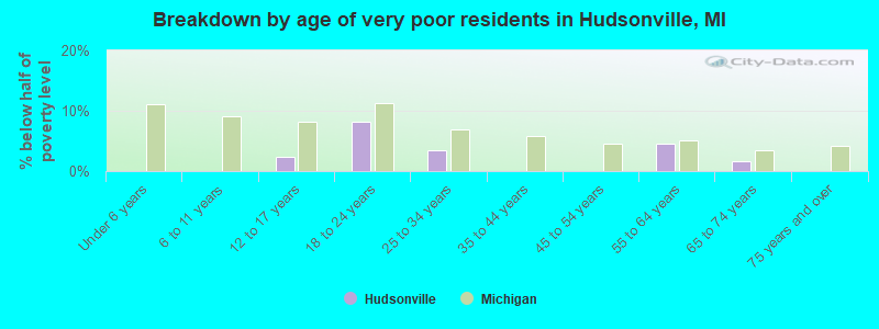 Breakdown by age of very poor residents in Hudsonville, MI