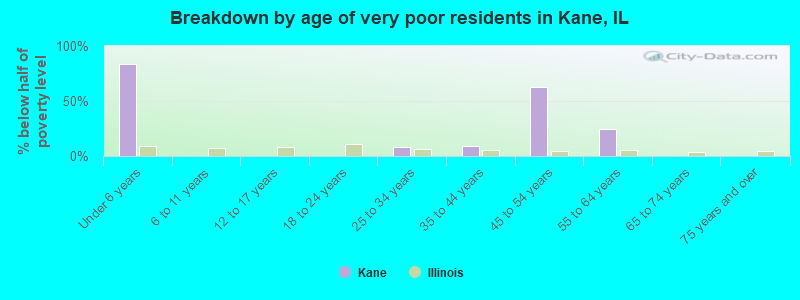 Breakdown by age of very poor residents in Kane, IL
