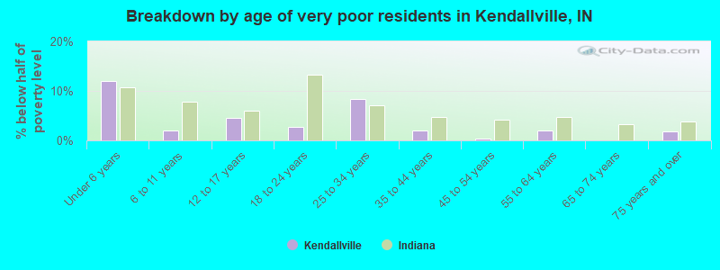 Breakdown by age of very poor residents in Kendallville, IN