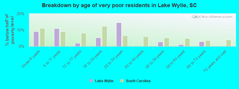 Breakdown by age of very poor residents in Lake Wylie, SC