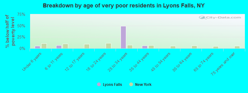 Breakdown by age of very poor residents in Lyons Falls, NY