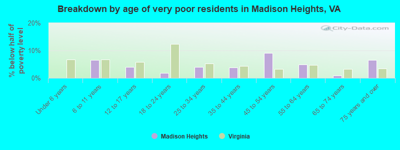 Breakdown by age of very poor residents in Madison Heights, VA