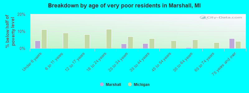 Breakdown by age of very poor residents in Marshall, MI
