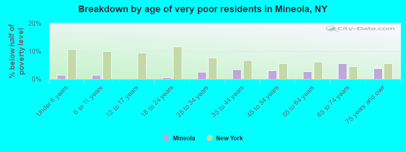 Breakdown by age of very poor residents in Mineola, NY