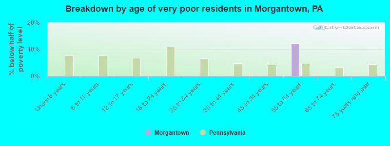 Breakdown by age of very poor residents in Morgantown, PA